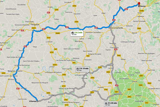 Pour aller jouer à à Naves, l'USV devra faire plus de 180 km... - Illustration DR - Google Maps