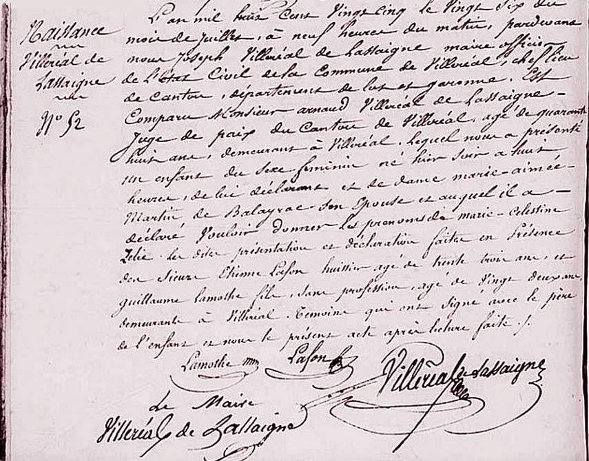 1825 - Acte de naissance de Zélie de Villeréal. - AD 47 1825 - Acte de naissance de Zélie de Villeréal. - AD 47