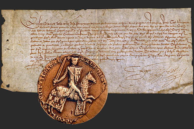 Sceau d'Alphonse de Poitiers et parchemin confirmant les coutumes de Villeréal (1581)...|Illustration © Jean-Paul Epinette Sceau d'Alphonse de Poitiers et parchemin confirmant les coutumes de Villeréal (1581)...|Illustration © Jean-Paul Epinette