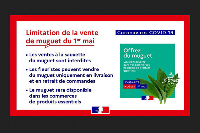 Les fleuristes pourront vendre du muguet uniquement en livraison ou en retrait de commandes...|Illustration Gouvernement français Les fleuristes pourront vendre du muguet uniquement en livraison ou en retrait de commandes...|Illustration Gouvernement français