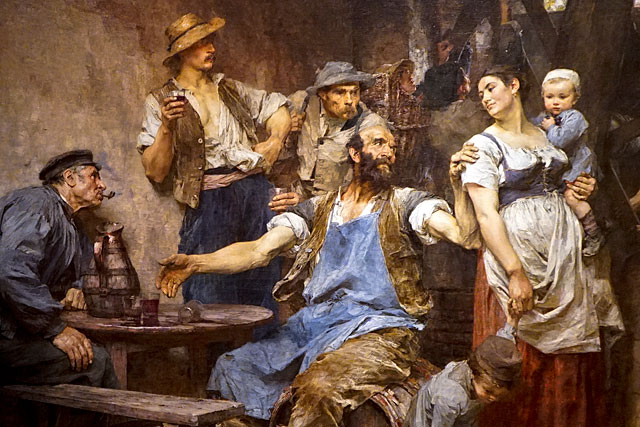 On buvait ferme. Infractions et conflits avec l’autorité municipale défrayaient la chronique.  - LE VIN, par Léon Lhermitte. Musée de Reims.